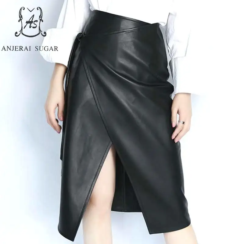 

Autumn Genuine leather skirts women black High waist frenulum Asymmetrical Split OL real sheepskin female Middle length skirt
