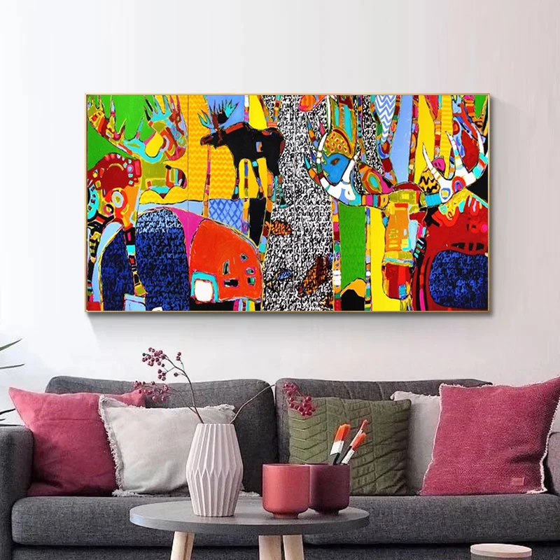 Colorful Abstract Oil Painting of Animals Printed on Canvas