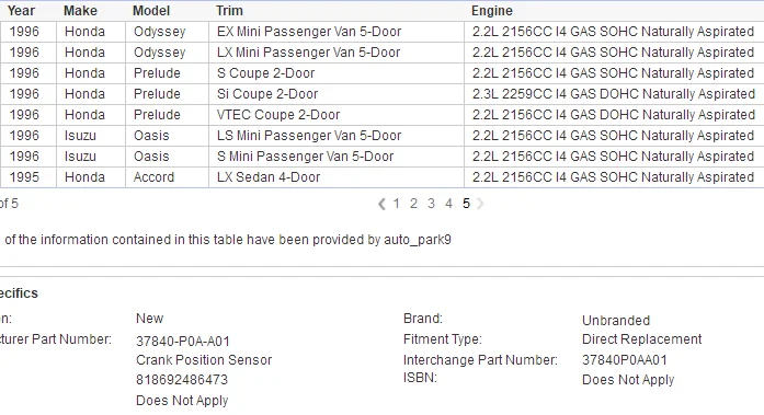 Датчик положения коленчатого вала для Acco rd Acura CL 2.2L L4 OEM 37840-P0A-A01/37840P0AA01