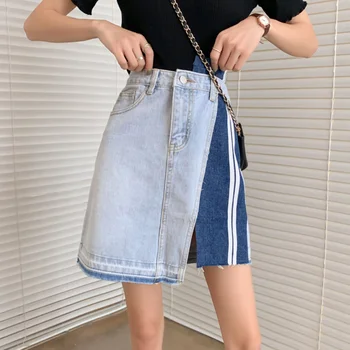 

Korean Style Patchwork Side Stripe High Waist Denim Skirt A-Line Mini Skirts Women Irregular Skirt Vintage Jeans Skirt Plus Size