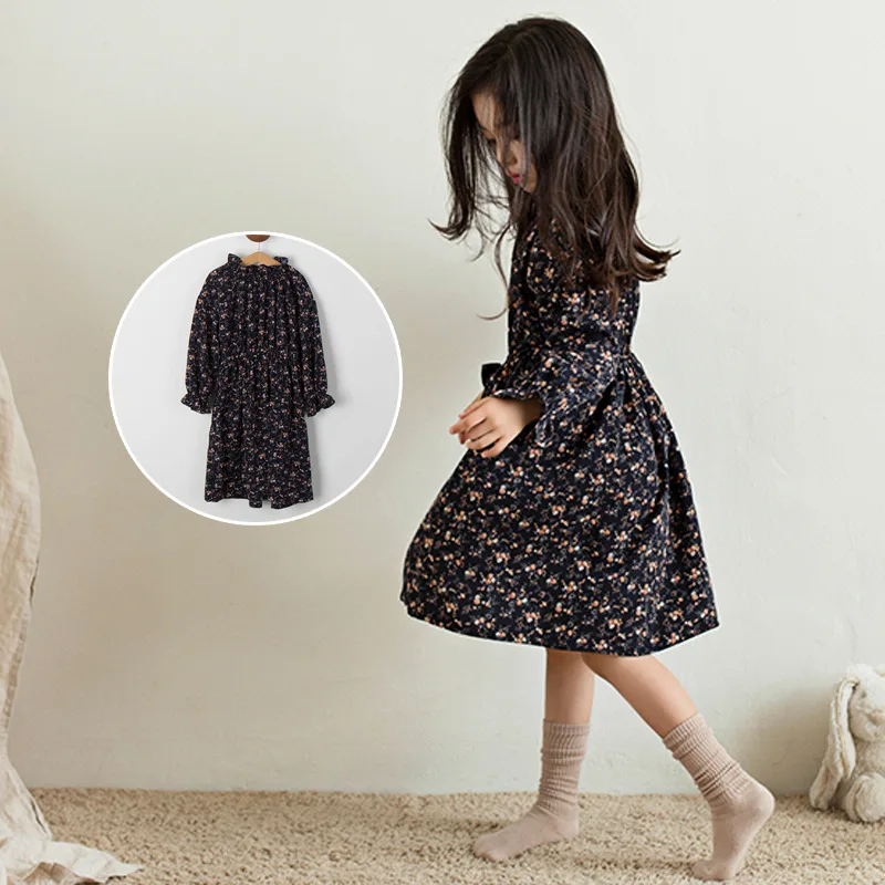 Богемное платье с цветочным рисунком для девочек, весенне-осеннее платье для девочек, корейское платье принцессы с длинными рукавами и принтом