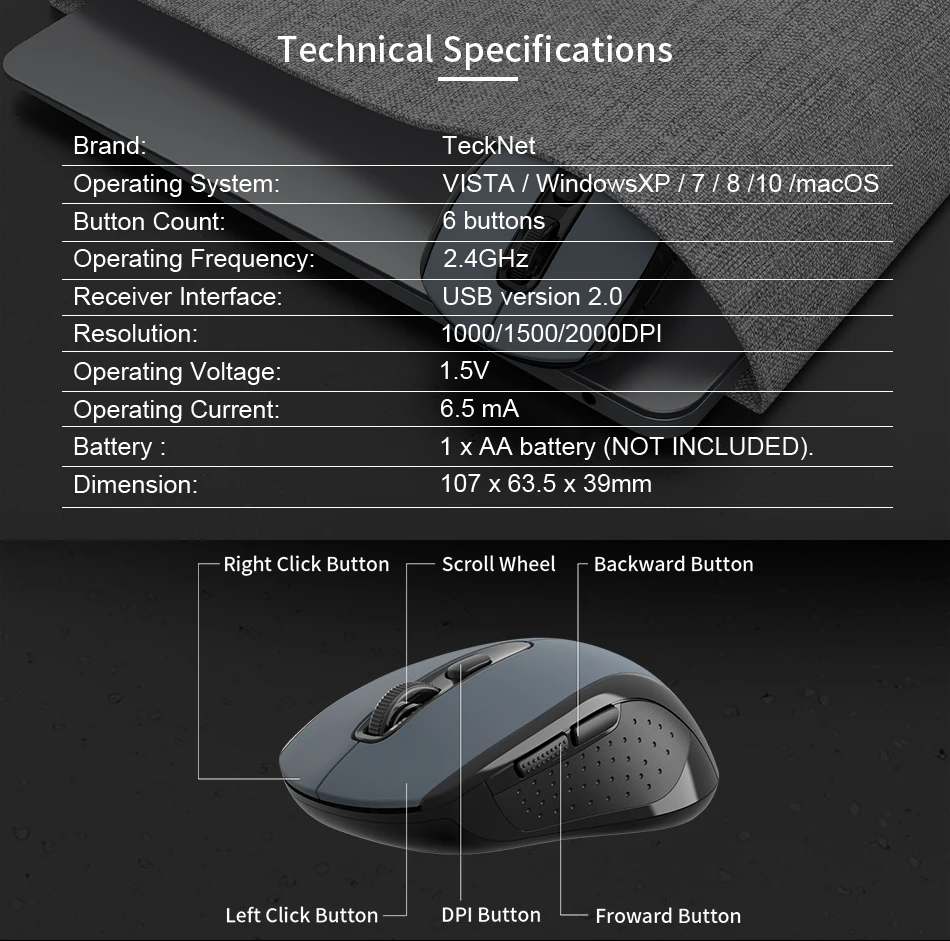 TeckNet USB Silent Wireless Mouse 2000DPI Optical Computer Mouse Wireless 2.4Ghz Ergonomic Mice For For laptop Quiet Mouse