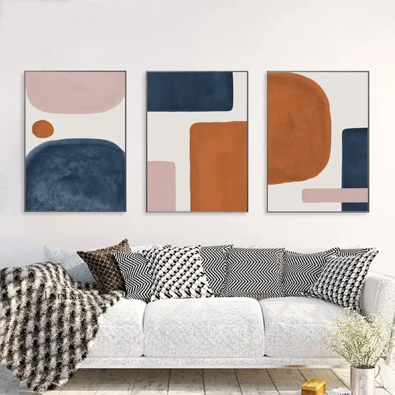 

Abstract Shapes Posters and Prints Burnt Orange Blue Pink Wall Art Mid Century Canvas Painting Living Room Home Wall Decor