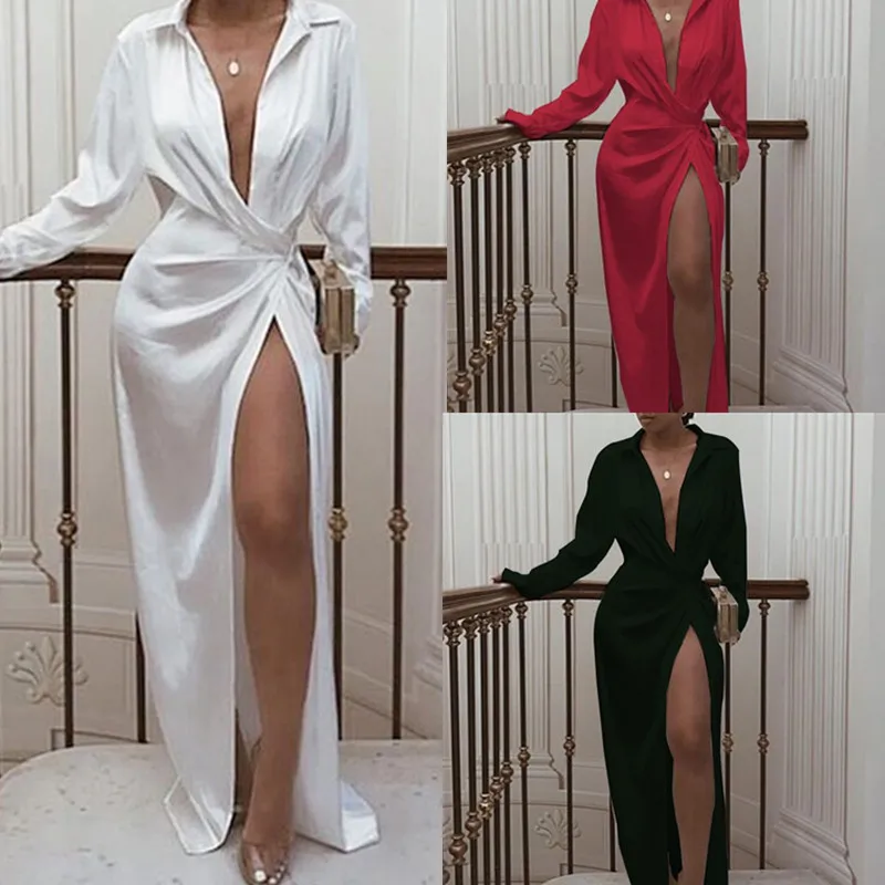 

Autumn New Ladies High Waist Split Mopping Dress Long Sleeve Lapel Solid Color Sexy Bodycon Dress Women Robe Grande Taille Femme