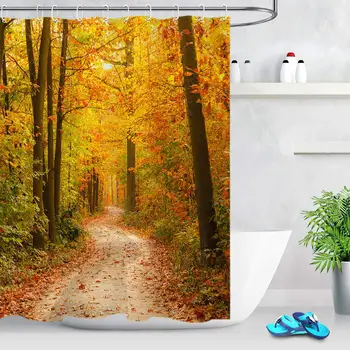 

Forest Fall Leaf Shower Curtain Autumn Maple Leaf Jungle Landscape Bathroom Curtain with Hooks Waterproof Polyester Fabric