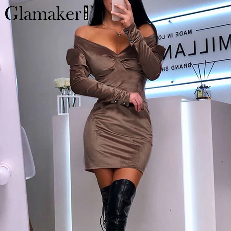 Glamaker, сексуальное облегающее платье с v-образным вырезом для вечеринки, женское платье с рюшами и пуговицами, платье с длинным рукавом, Весенняя уличная одежда, платье с открытыми плечами, vestidos