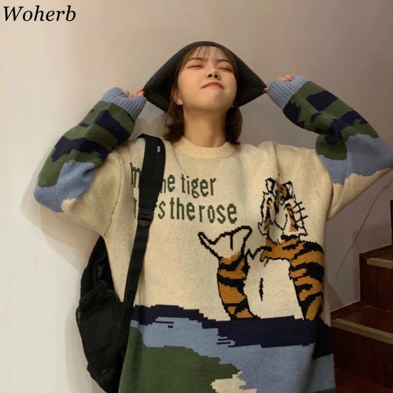 Woherb, свитер, топы, для женщин, осень, зима, Kawaii, животный принт, модный, Modis, мультяшный, свитера, японский, винтажный, свободный, вязанный, пуловер
