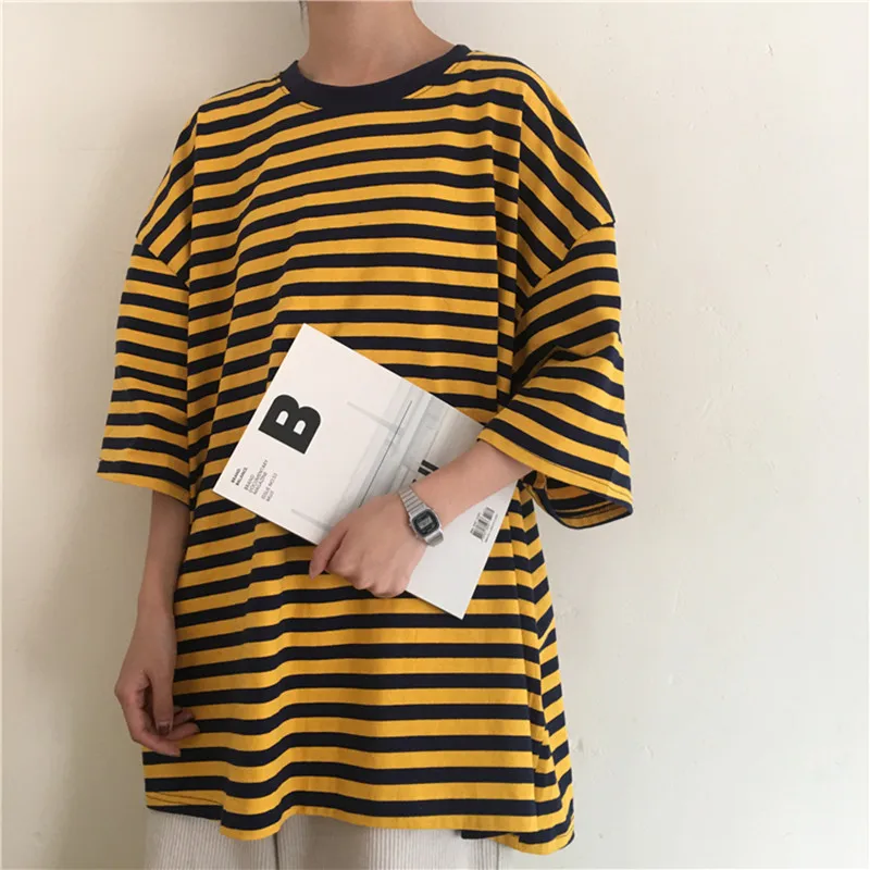 Sommer T-Shirt Frauen Vintage Gestreift Weibliche T-Shirts O-Ausschnitt Kurzarm Damen T-Shirt Tops Mode Lässig Damen T-Shirt Basic Tops (6)