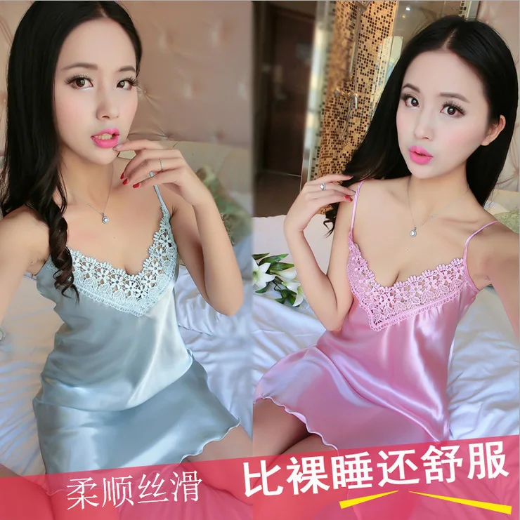 

Spring Summer Real Silk Strapped Dress Sexy Temptation Lace Hollow out Faux Viscose Short-sleeve Dress Pajamas Women Tracksuit