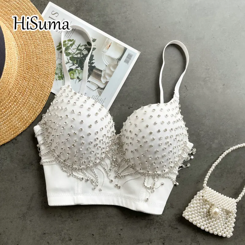 

2021 summer women's V-neck strap rhinestones tassel camisole Tube top bra one piece belt pad Performance Corset female underwear