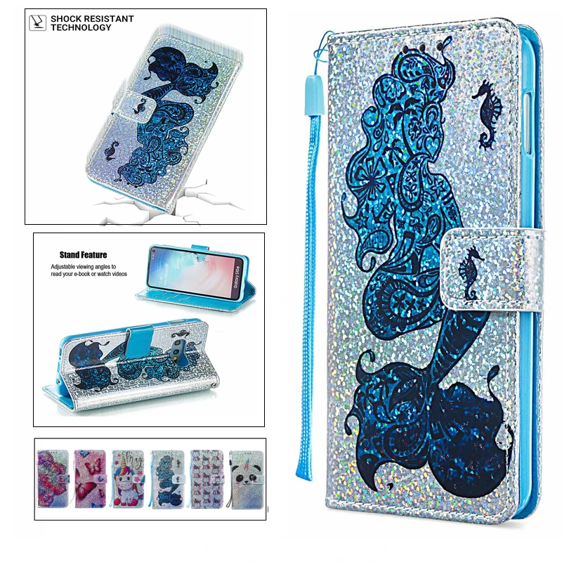 

Cartoon cute leather case for Samsung note10 glitter diamond unicorn flip stand cover For Galaxy S10 S8 S9 J3 J4 J6 J7 2018 case