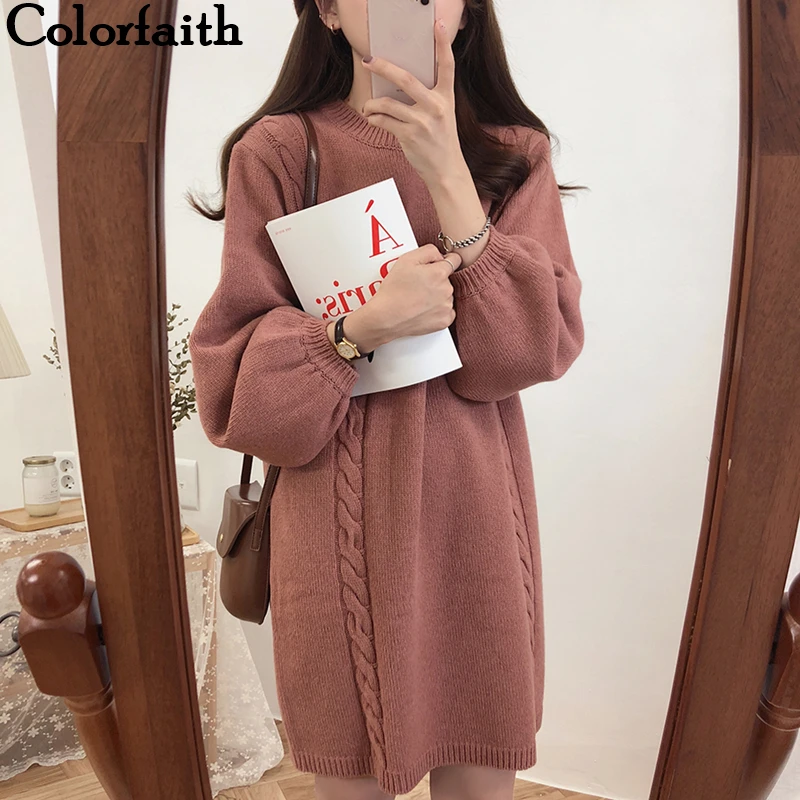 Colorfaith новинка 2019 Осень-зима женские платья свитера вязанные прямые модные