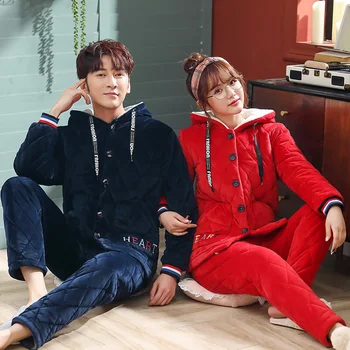 

New Winter Thick Warm Couples Clip Cotton Pajamas Set Hooded Pijamas Long Sleeve Casual Soft Plus Size M-3XL Lovers Sleepwear