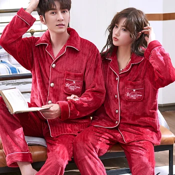 

Couple Sleepwear Winter Warm Lingerie Home Wear Men and Women Matching Fashion Pajamas Sets Thick stripes Flannel Women Men Wint