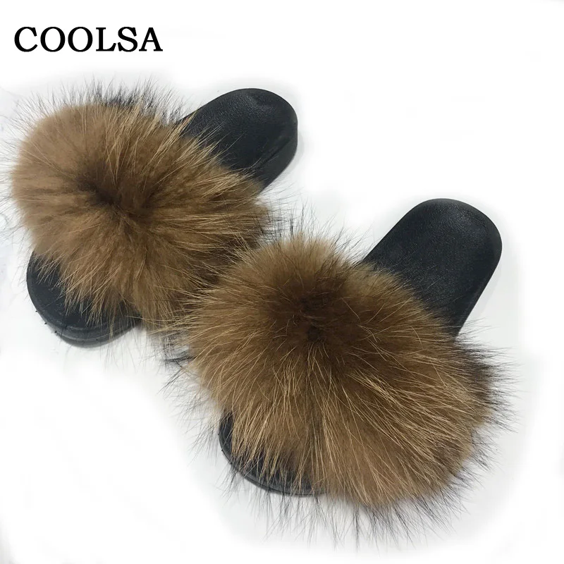 raccoon fur Женские меховые тапочки; теплые шлепанцы с лисьим мехом для женщин; шлепанцы; Домашние меховые тапочки; пушистые сандалии; зимняя плюшевая обувь - Цвет: raccoon fur