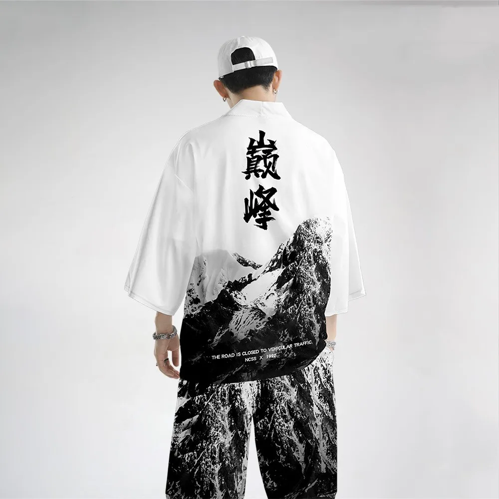 Oversize 6XL Men Kimono Cardigan Trousers Suit Japanese Print Crane Yukata Robe Set Novelty Jacket Chinese Style Tang Suit Men Kimono Set