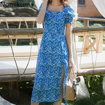 

Nomikuma Korean Fashion Square Collar Short Sleeve Floral Print Dress Women Split Vintage Dresses Beach Style Vestidos 3a531