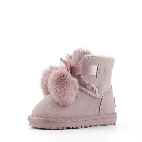 SHUANGGUN New Children Boots For Girls Kids Snow Boots Genuine Sheepskin Leather Natural Fur Warm Winter Shoes#K001 - Цвет: pink