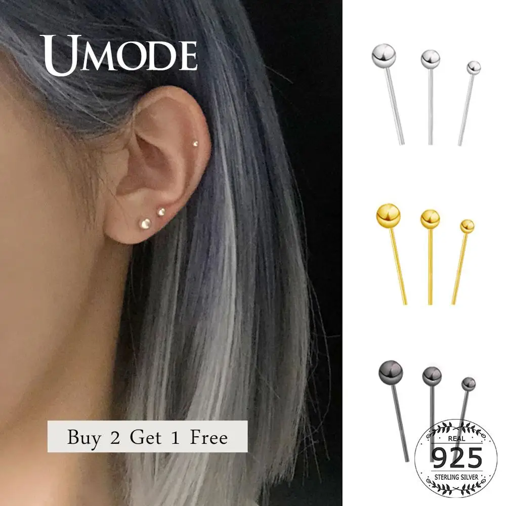 

UMODE Buy 2 Get 1 Free Small Black Ball Stud Earrings Real Pure 925 Sterling Silver Earring Lady Girl Bead Jewelry Body ULE0487