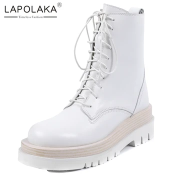 

Lapolaka Hot Sale 2020 Genuine Leather Comfy Boots Ladies Platform Zip Up Non-Slip Comfortable Cross Strap Women Ankle Boots