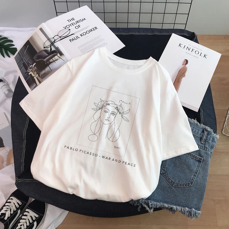 Ulzzang Harajuku Funny Black and White Drawing David Printed Short Sleeve T-Shirt Loose O-neck Casual Women T-Shirt Tee Tops