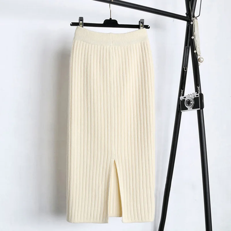 Женская элегантная Шерстяная трикотажная юбка, модная осенне-зимняя плотная Теплая юбка средней длины в рубчик с разрезом и высокой эластичной талией