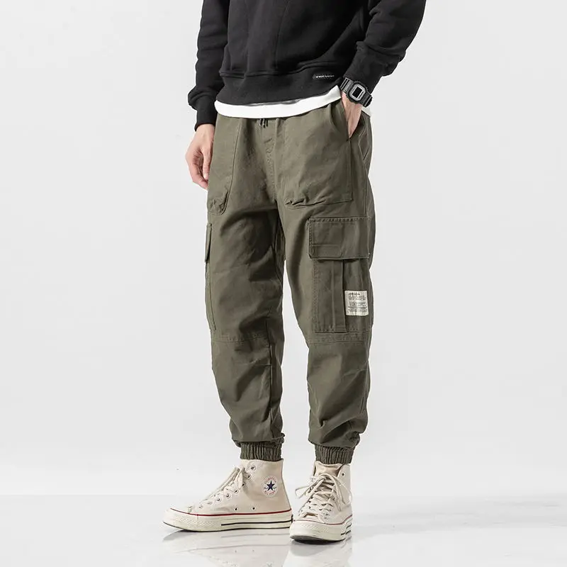 Men Cargo Jogger Harem Pants Streetwear Hip hop Ankle Length Trousers Elastic Waist Black Army green