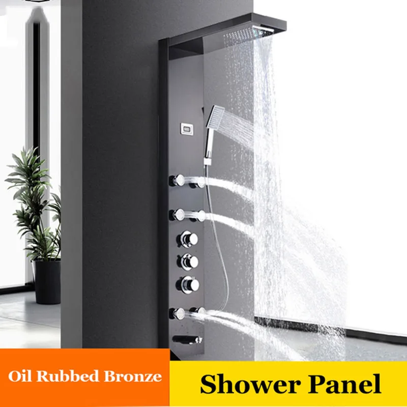 Oil Rubbed Bronze Черный никель светодиодный дождь водопад смеситель для душа набор душевая панель Колонка многофункциональная насадка Массаж Спа струи температурный экран - Цвет: Oil Rubbed Bronze