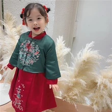 Китайская традиционная одежда Tang для девочек, зимнее красное платье с вышивкой, корейский стиль, подарок на год, Рождество, длинный рукав