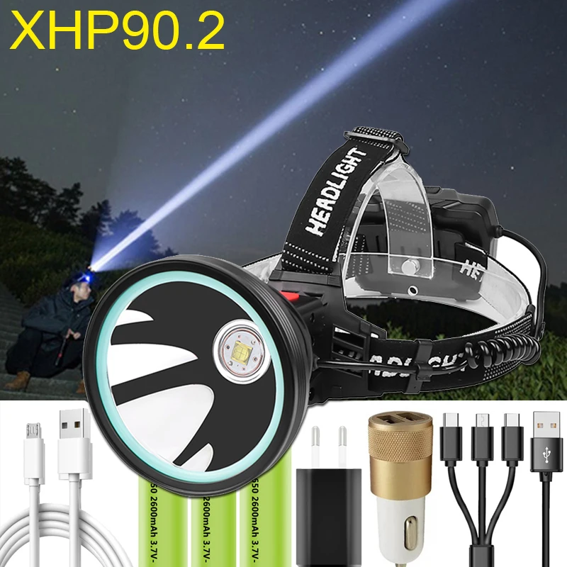 XHP90.2 светодиодный налобный фонарь мощный 8000лм Головной 32 Вт внешний аккумулятор