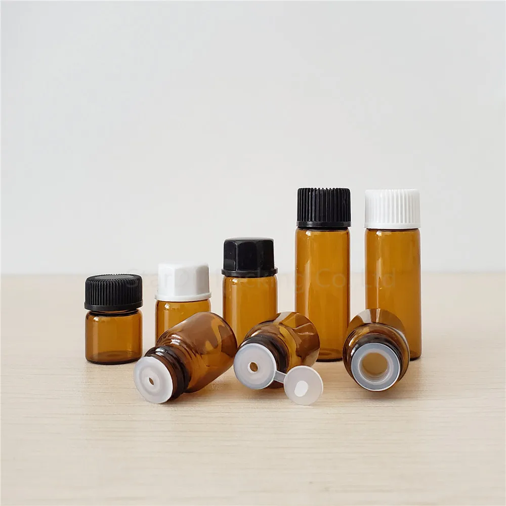 

1ml 2ml 3ml 5ml Small Amber Essential Oil Bottle With Reducer And Cap, Mini Brown Glass Vials,empty Bottle 100pcs/lot