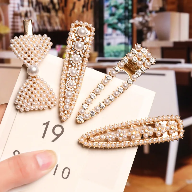 

Trendy Pearl Beaded Hair Clips Grils Duckbill Clip Rhinestone Hair Barrette Clover Hairpins Snap Hair Styling Accessories