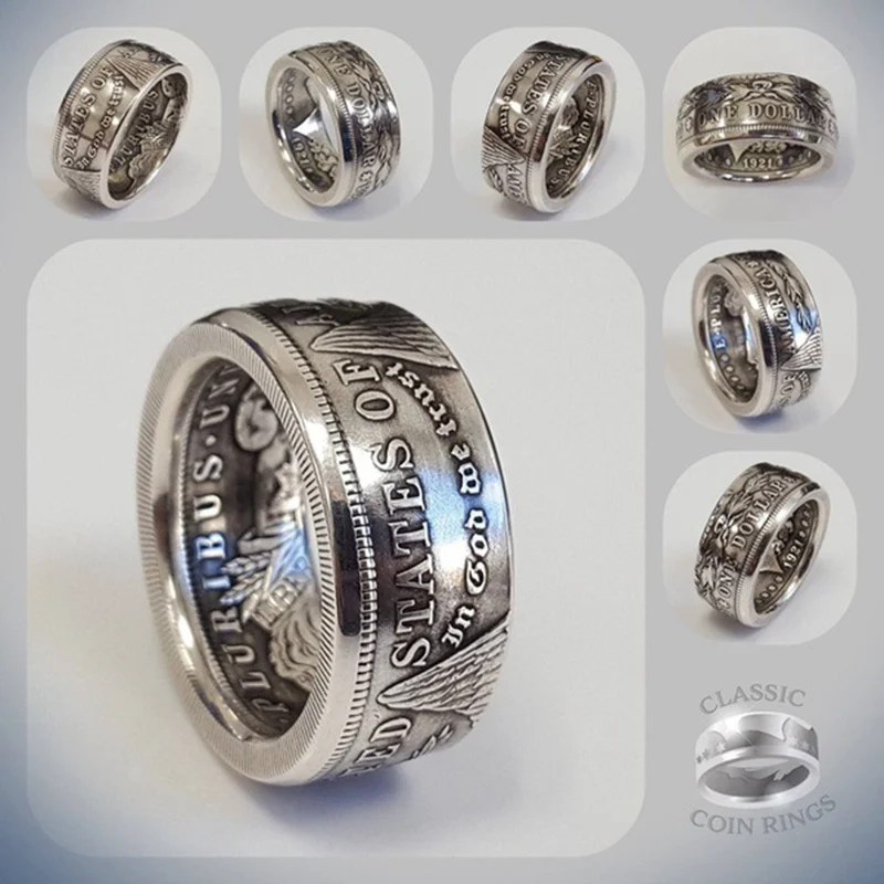Morgan Silver Dollar Coin Ring 'Heads' Silver Plated Handmade Women Men Vintage Punk Personality Coin Rings Fashion Jewelry silver ring finger ring