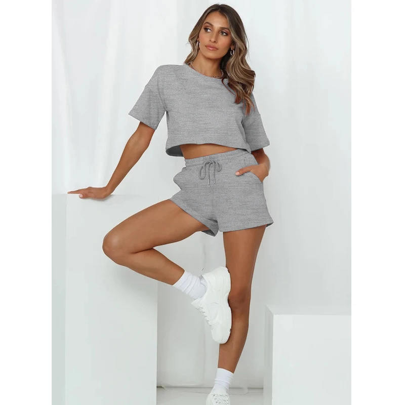 Tops For Women Summer Clothes Set Casual Home Wear O Neck Short Sleeve Top Pants Suit Two Piece Set Woman Solid Sporty Outfits