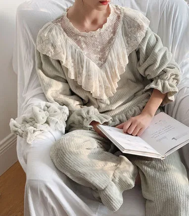 light green Женские пижамы, зимние пижамы принцессы, милые пижамы, длинный рукав фланель, женские повседневные пижамы для девочек, домашняя одежда, теплые - Цвет: light green