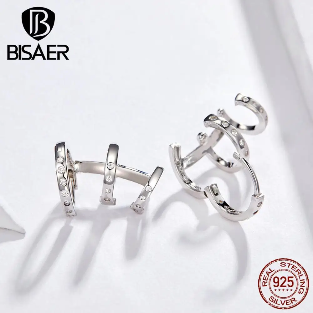 Bisaer, 925 пробы, серебряные серьги в стиле панк, три круга, серьги на клипсе для женщин, крутые, массивные ювелирные изделия, модные серьги HVE085