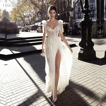 

New Style Real Photo Wedding Dress Spaghetti Bow Tie Strap A line Tulle Exquisite Lace Romantic Unique Design Split Leg