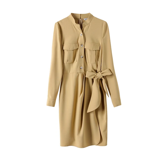 Dabuwawa Split Curved Hem Belted Shirt Dress Women Button Front High Waist Shift Casual Solid