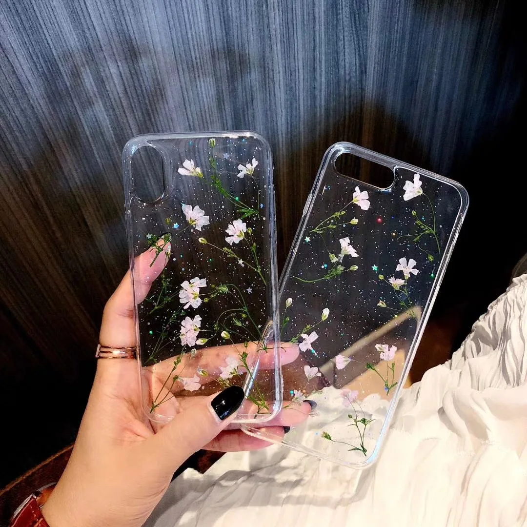 Настоящие цветы сухоцветы мягкий тпу задняя крышка для iphone X 6 6S 7 8 plus чехол прозрачный чехол для телефона для iphone XR XS Max чехол