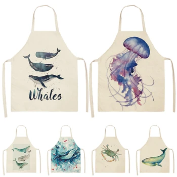 

1Pcs Ocean animal whale Pattern Cleaning Aprons Home Cooking Kitchen Apron Cook Wear Cotton Linen Adult Bibs 53*65cm WQ0175