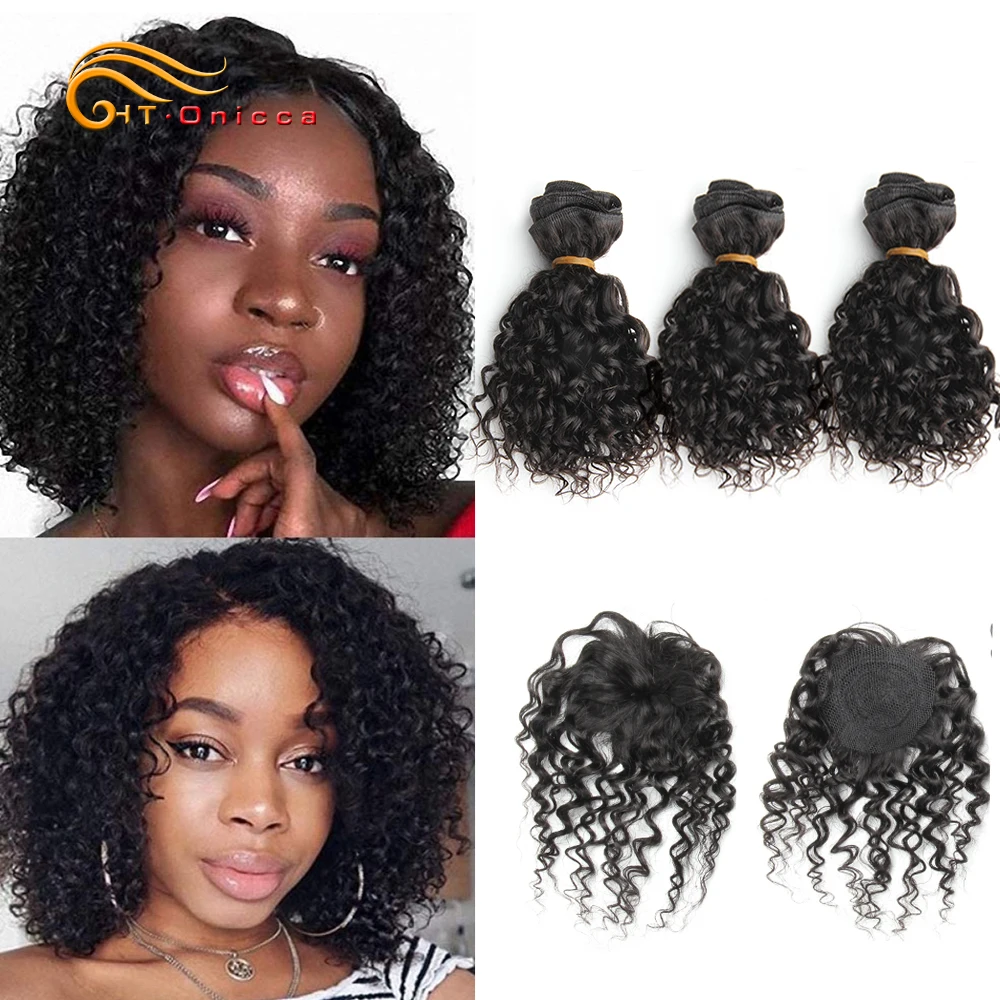 Sale Bundles Curly Closure Human-Hair-Extensions Brazilian Nature-Color with Can-Be-Dyed rZKJz1DMA