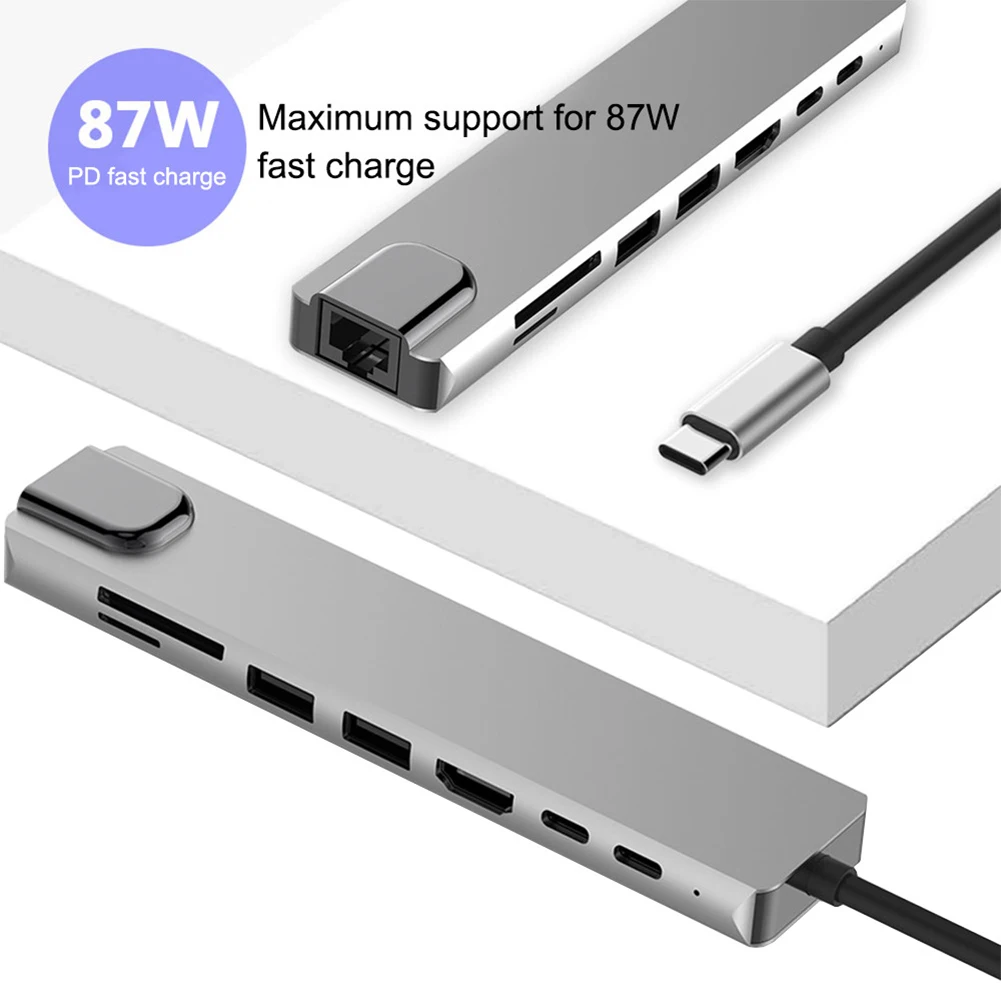 

8 in 1 Type C Hub USB C to HDMI 4K Rj45 Splitter Adapter Hub USB C Thunderbolt 3 87W PD Charge USB 2.0 SD TF Card Reader for PC