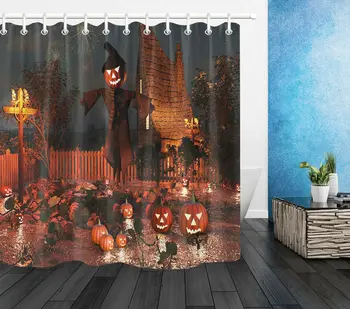 

Halloween Spooky Pumpkin Horror Scarecrow Shower Curtain Bathroom Fabric Hooks