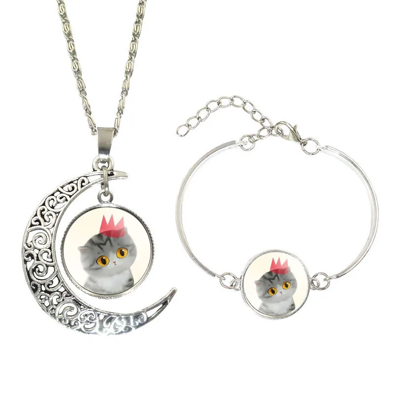 

Cute Kitten Time Stone Glass Necklace Bracelets Ornament Set Hot Sales Accessories
