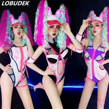 

New Women Bandage Bodysuit Fringe Headgear Dance Costume DJ Hip Hop Dance Team Sexy Stage Outfit Nightclub Performance Clothes