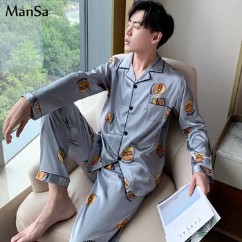 

2020 Spring Autumn Pyjama Loose Men Home Set Young Men Pajamas Set Silk Male Long-sleeved Comfortable thin Sleepwear Top+ Pants