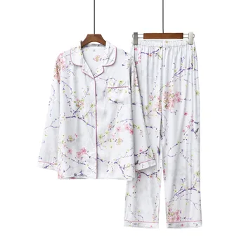 

Spring Ladies Pajamas Set Rayon Noble Retro Printing Elegant Women's Home Wear Autumn Long-sleeved Trousers Pijama Feminino