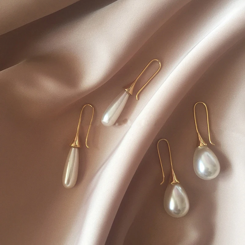 White Teardrop Simulation Pearl Earrings Dangle For Women Baroque Palace Style Jewelry Long Temperament Hook Simple | Украшения и
