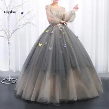 

Vintage Princess Tutu Floral Dresses With Puffy Full Sleeves Sparkle Sequined Beaded Long Prom Gowns Lace Up Robe De Bal