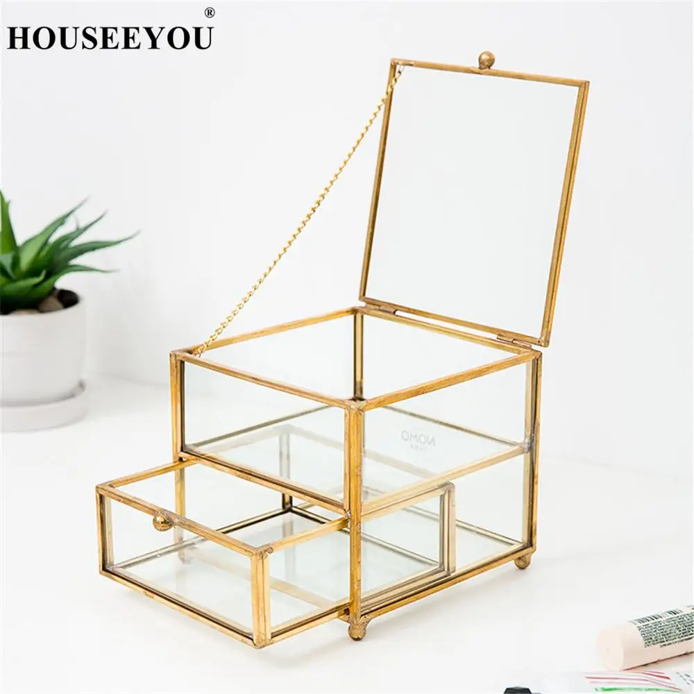 European Retro Copper Edge Drawer Glass Jewelry Storage Box Cosmetic Makeup Organizer Bathroom Rack Display Stand Holder